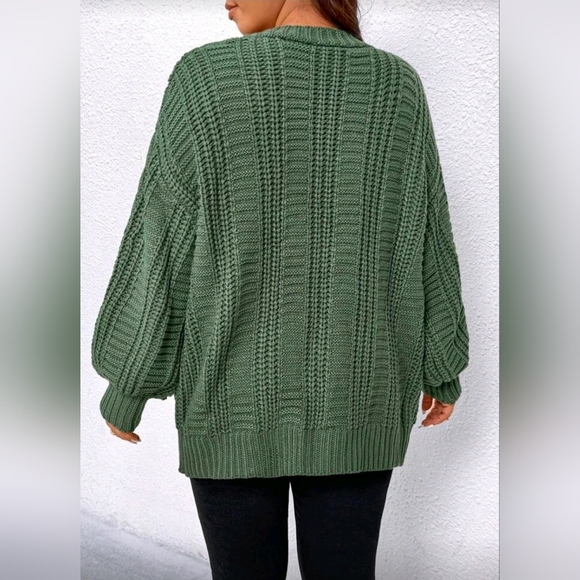 New Boho Chunky Cable Knit Cardigan Sweater PLUS Olive Green - Picture 3 of 8